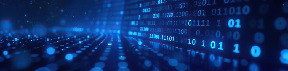 Blue binary code background with glowing lights and data flowing, technology concept,  innovation,  coding