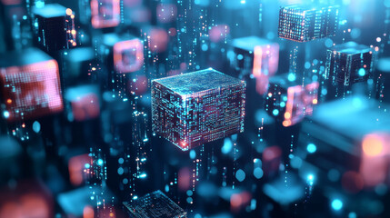 Wall Mural - big data, blockchain, hi tech. information flow, decentralized global database structure. 3d illustr