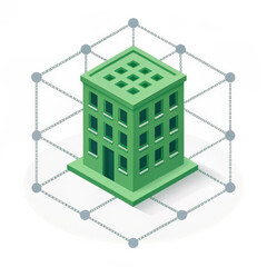 Poster - 3D minimalistic icon of green building is surrounded by network of connected nodes, symbolizing connectivity and modern architecture