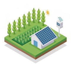Aufkleber - 3D illustration of smart farm features solar powered building, crops, and communication tower under sunny sky, symbolizing sustainable agriculture