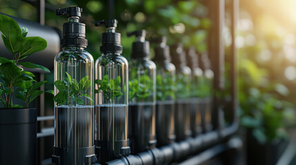 Aufkleber - row of transparent bottles with green plants inside is illuminated by sunlight, showcasing modern and sustainable approach to plant cultivation. scene evokes sense of innovation and eco