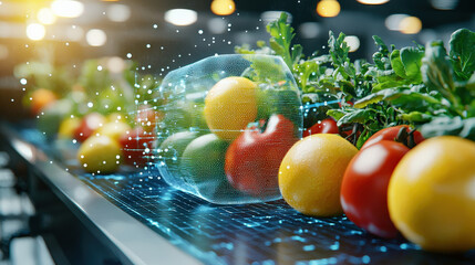 Fototapete - variety of colorful fruits and vegetables are being scanned on conveyor belt, showcasing blend of technology and agriculture. scene is vibrant and futuristic
