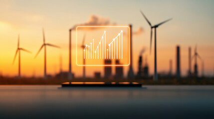 Leinwandbilder - digital graph overlaying tablet with wind turbines in background at sunset symbolizes renewable energy growth. scene conveys innovation and sustainability