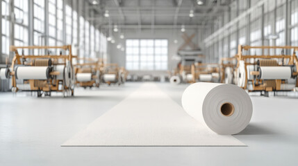 Leinwandbilder - modern textile manufacturing factory interior features large weaving machines and roll of fabric in foreground, showcasing industrial efficiency and precision