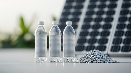 Aufkleber - Three clear plastic bottles stand beside pile of metal pellets, set against backdrop of solar panels, symbolizing sustainable energy and recycling efforts
