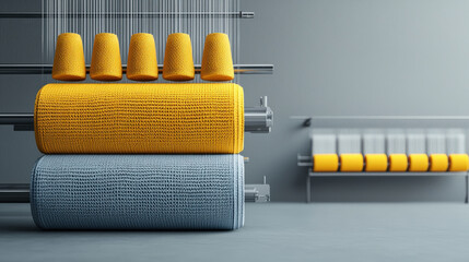 Leinwandbilder - modern textile factory interior features vibrant yellow and blue yarn spools on industrial machinery, showcasing sleek and efficient design. setting is clean and organized