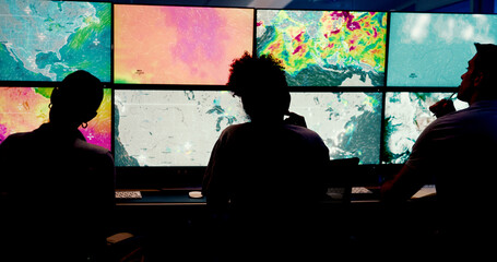 Poster - People, screen or monitor with weather for forecast, satellite maps or teamwork to track storm. Control room, back or scientists with meteorology for broadcast news, report or climate change at night