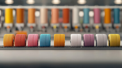 Leinwandbilder - row of colorful textile spools is neatly arranged on production line, showcasing variety of vibrant threads ready for use in automated manufacturing