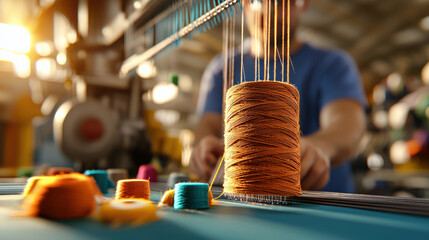 Leinwandbilder - close up of vibrant orange yarn on textile machine in sunlit factory, with worker in background, captures essence of textile production