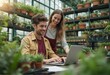 © natakot - A couple in aprons work together on a laptop surrounded by greenery in their plant-filled shop.