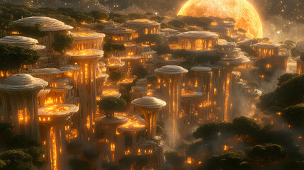 a luminous otherworldly city with tiered architecture is set against a grand golden celestial body u