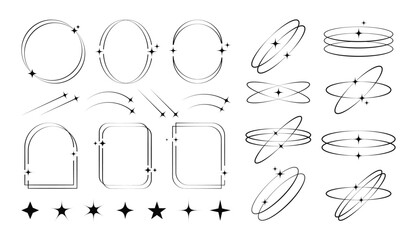 Wall Mural - trendy aesthetic shapes in y2k style. outline line elements and geometric frames with stars and spar