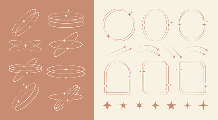 Wall Mural - trendy aesthetic shapes in y2k style. outline line elements and geometric frames with stars and spar