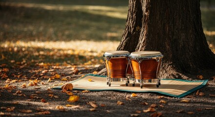 Wall Mural - two conga drums on mat under tree surrounded by autumn leaves