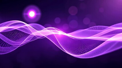 Wall Mural - abstract animated digital wave of purple particles with bokeh lights and lens flare on dark backgrou