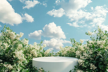 Wall Mural - White podium surrounded by lush green plants and flowers