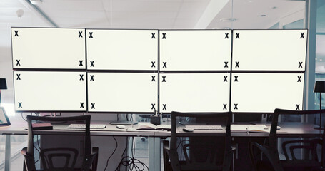 Poster - Computer screens, office and space for security, safety or cctv footage on monitor. Protection service, tracking markers and blank mockup desktop with surveillance inspection in control room.