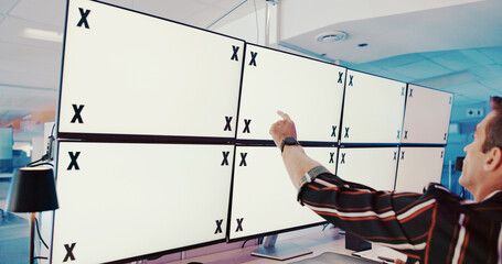 Poster - Computer screens, mockup and man space for security, safety or cctv footage on monitor. Protection service, tracking markers and guard by blank desktop with surveillance inspection in control room.