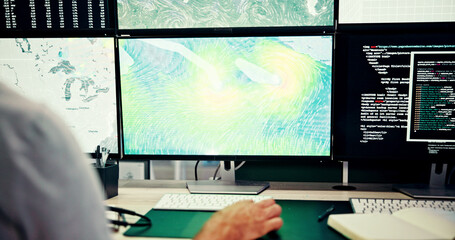 Poster - Screen, weather and hand for broadcast data with news, research or reporter. Presenter man, ecology and back of journalist for forecast on media report for meteorology update or climate change