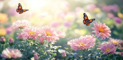 Wall Mural - Pink chrysanthemums with butterflies in sunlight