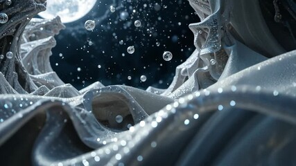 Wall Mural - Abstract Crystalline Structures With Sparkling Droplets Under A Full Moon In Dark Space