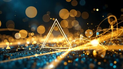 Canvas Print - abstract digital art with glowing golden lines triangle and bokeh on black background