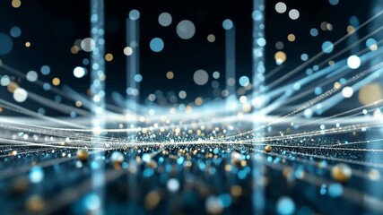 Canvas Print - abstract digital futuristic design with blue gold particles bokeh and light streaks on dark backgrou