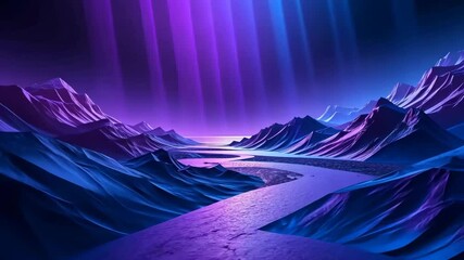 Wall Mural - Abstract Digital Landscape Featuring Mountains River And Radiant Light Display