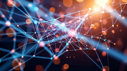 Canvas Print - abstract digital network with glowing blue lines and orange bokeh in dark background