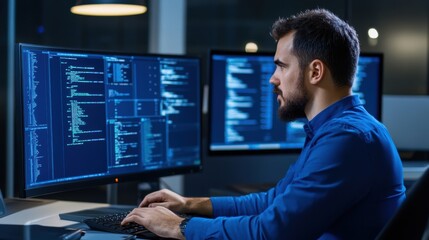 Wall Mural - programmer working on multiple monitors with coding scripts and data visualization in modern office 