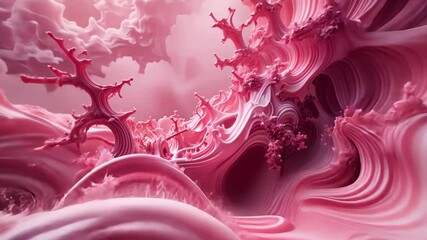 Wall Mural - Abstract Fractal Landscape with Pink and White Swirling Forms and Cloud Background