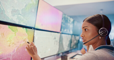 Fototapete - Computer, screen or woman with headset in control room for weather pattern, satellite maps or storm tracking. Meteorology, person or pointing to radar technology for climate monitor or global warming
