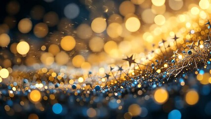 Wall Mural - Abstract Golden Bokeh with Floating Elements on Dark Blue Background for Celebration and Festive Atmosphere