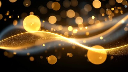 Wall Mural - Abstract Golden Wavy Lines with Sparkling Particles and Bokeh Lights on Dark Background