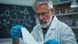 © natakot - An elderly man with a gray beard and glasses, dressed in a lab coat, intently studies a sheet of research data in a laboratory. The atmosphere is charged with curiosity and dedication, highlighting
