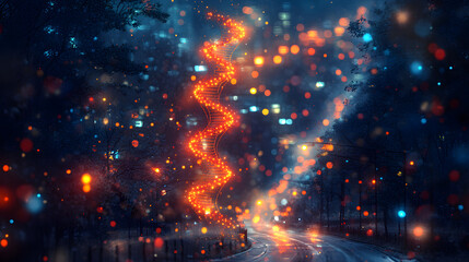 Wall Mural - Celestial Path of Light:  A vibrant, abstract display of glowing lights against a night sky. The scene evokes a sense of wonder, mystery, and movement. The lights creating a path across a dark night.