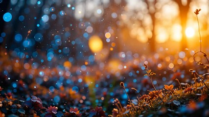 Wall Mural - autumnal forest bokeh sunset scene with warm light and orange and blue hues