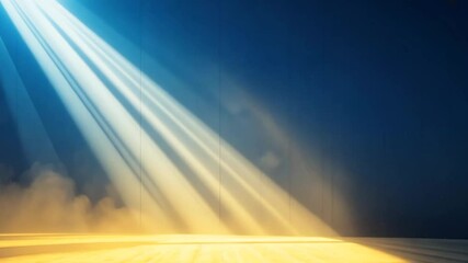 Wall Mural - Celestial Light Beams Descending On Illuminated Wooden Floor Against Blue Wall