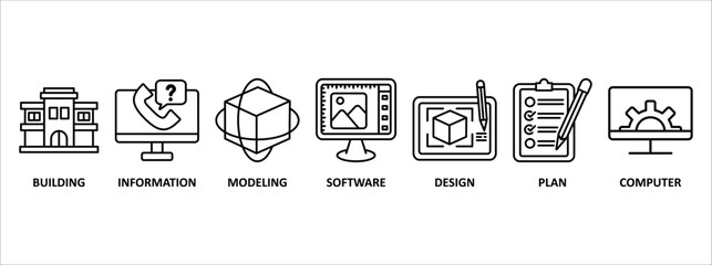 BIM banner web icon vector illustration concept for building information modeling with icon of building, information, modeling, software, design, plan, and computer