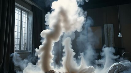 Wall Mural - Dramatic Interior Scene with White Smoke Filling a Dark Room Creating Ethereal Atmosphere