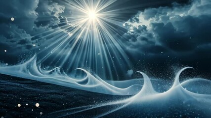 Wall Mural - Dramatic Ocean Scene With Waves Under Stormy Sky and Shining Sun Rays