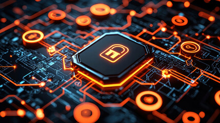 Fototapete - digital circuit board featuring prominent padlock symbol, illuminated with vibrant orange accents against dark background, representing cybersecurity and technology