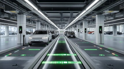 Poster - A concept image depicting an advanced underground facility designed for efficient charging and autonomous parking of electric vehicles