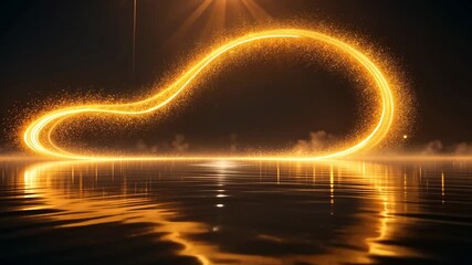 Wall Mural - golden glowing energy loop over reflective surface in dark abstract background