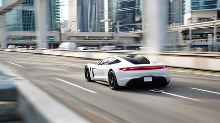 Poster - A sleek aerodynamic electric sports car accelerating through a modern cityscape of towering skyscrapers