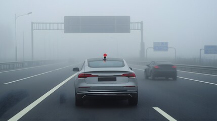 Leinwandbilder - An autonomous electric vehicle equipped with lidar sensors navigating a dense foggy highway environment