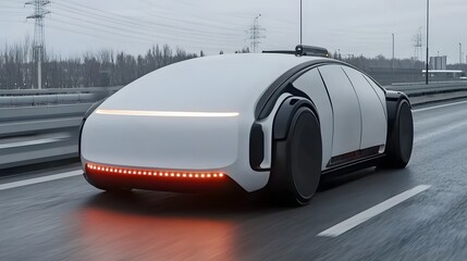 Leinwandbilder - Sleek and minimalist autonomous electric vehicle using advanced lidar technology to navigate urban roads and pick up passengers efficiently and sustainably