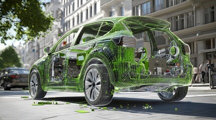 Leinwandbilder - A concept electric vehicle with a transparent wire frame design showcasing advanced sensor technology and intelligent systems for real time navigation and decision making in an urban environment
