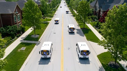 Aufkleber - A fleet of autonomous electric buses utilizing Lidar technology to precisely navigate stops and maintain efficient schedules in a residential urban setting
