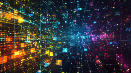 Wall Mural - blockchain technology. blocks of information in a decentralized cyberspace. global flows of informat